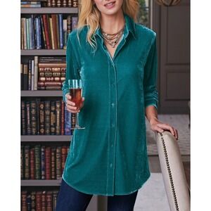 Soft Surroundings Velvet Boyfriend Tunic Shirt XL Teal Button Front Luxe Holiday